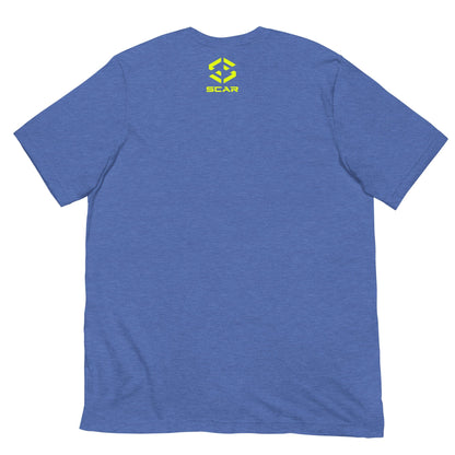 Periwinkle blue T-shirt with small yellow SCAR logo on chest