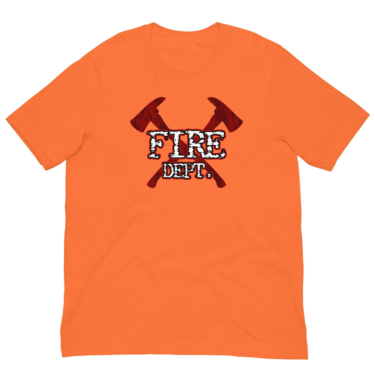 Orange firefighter T-shirt with red crossed-axes graphic and 'FIRE DEPT' text