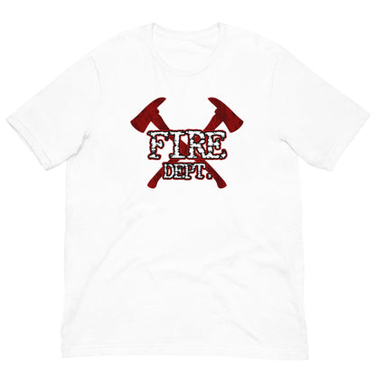 White T-shirt with red "FIRE DEPT" graphic and crossed axes
