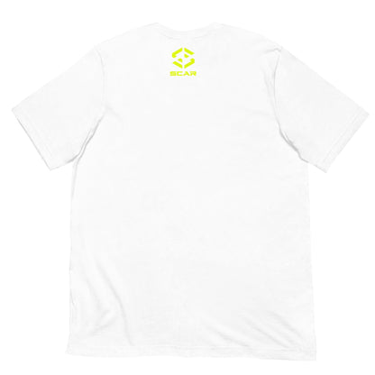 White T-shirt with small green SCAR logo on upper back