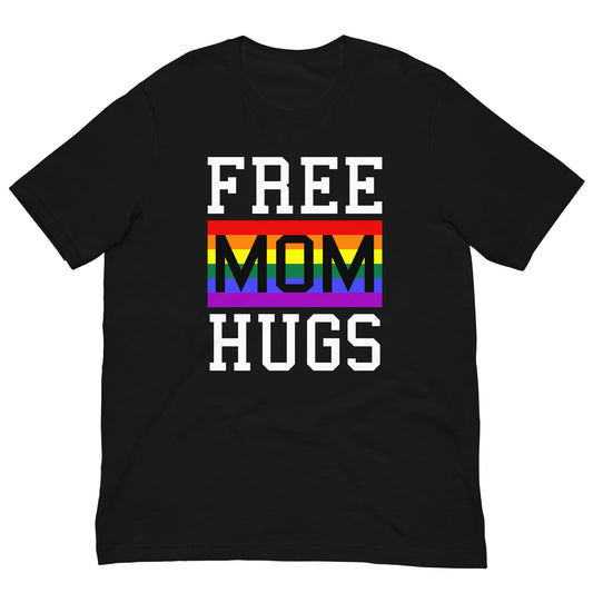 Black T-shirt with “FREE MOM HUGS” text and a rainbow stripe graphic on the front.