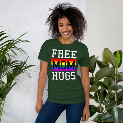 Green T-shirt with “FREE MOM HUGS” text and a rainbow stripe graphic on the front.