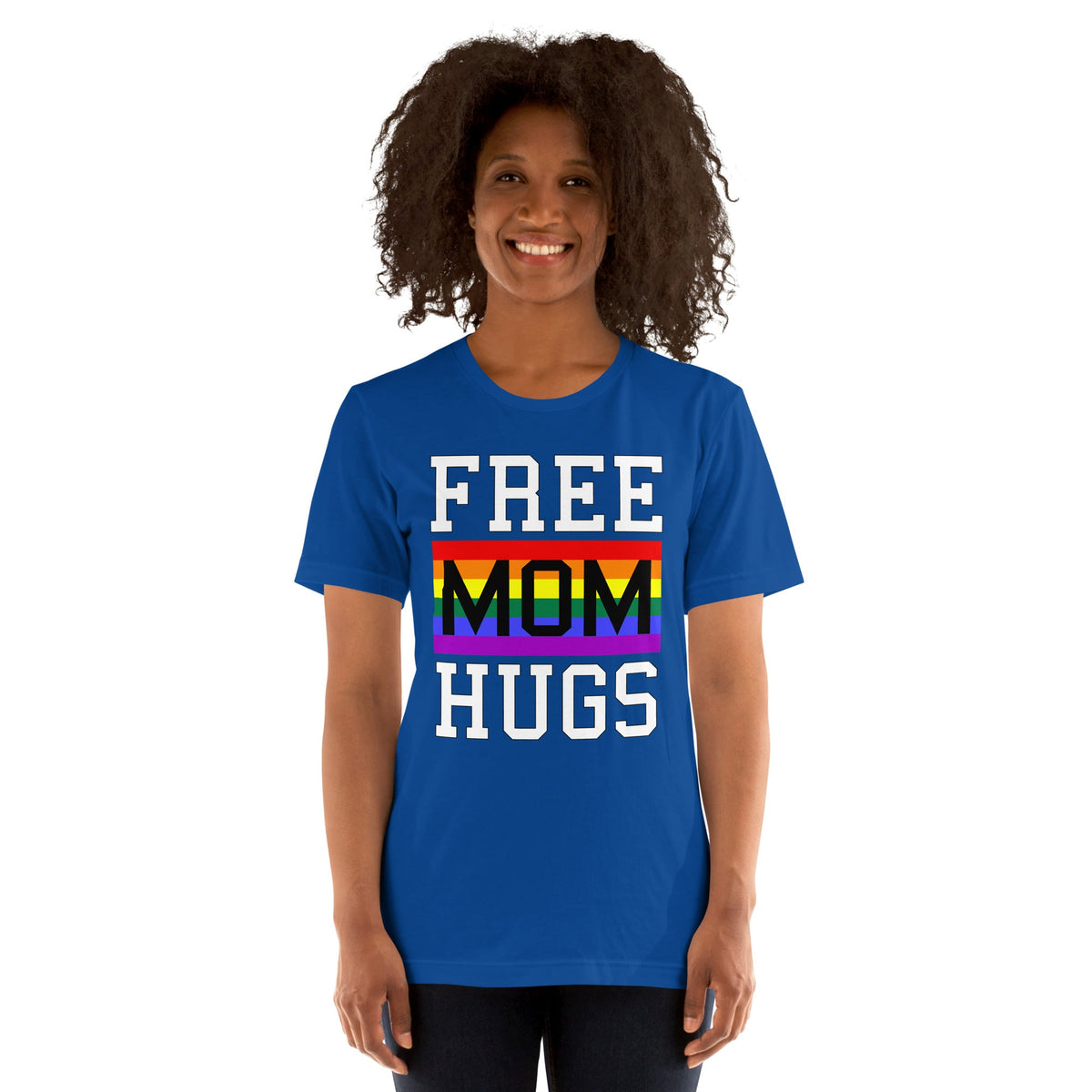 Blue T-shirt with “FREE MOM HUGS” text and a rainbow stripe graphic on the front.
