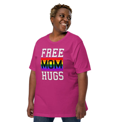 Berry pink T-shirt with “FREE MOM HUGS” text and a rainbow stripe graphic on the front.