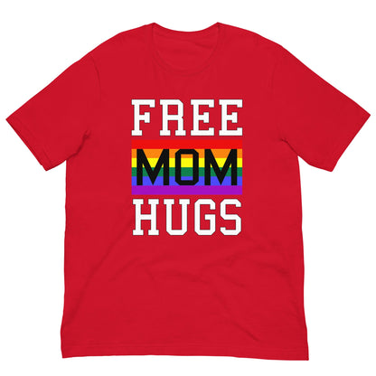 Red T-shirt with “FREE MOM HUGS” text and a rainbow stripe graphic on the front.