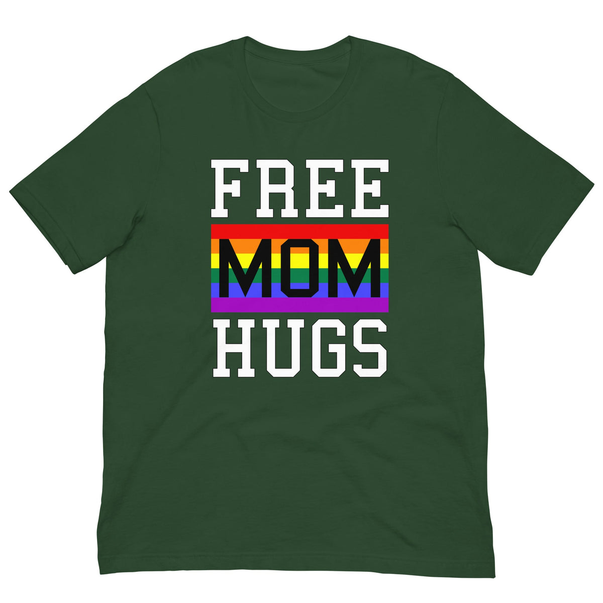 Green t-shirt with 'FREE MOM HUGS' rainbow pride graphic