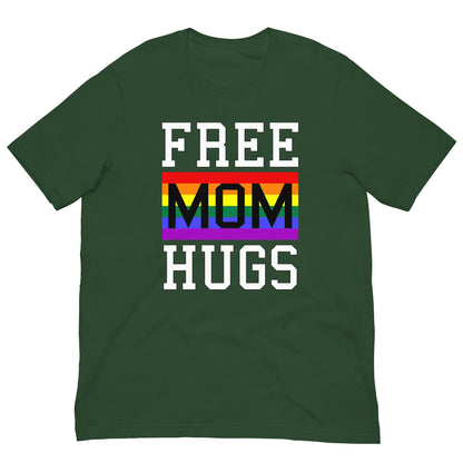 Green t-shirt with 'FREE MOM HUGS' rainbow pride graphic