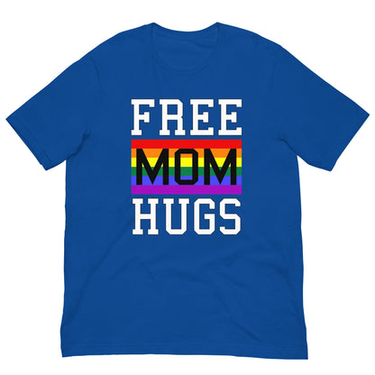 Blue T-shirt with “FREE MOM HUGS” text and a rainbow stripe graphic on the front.