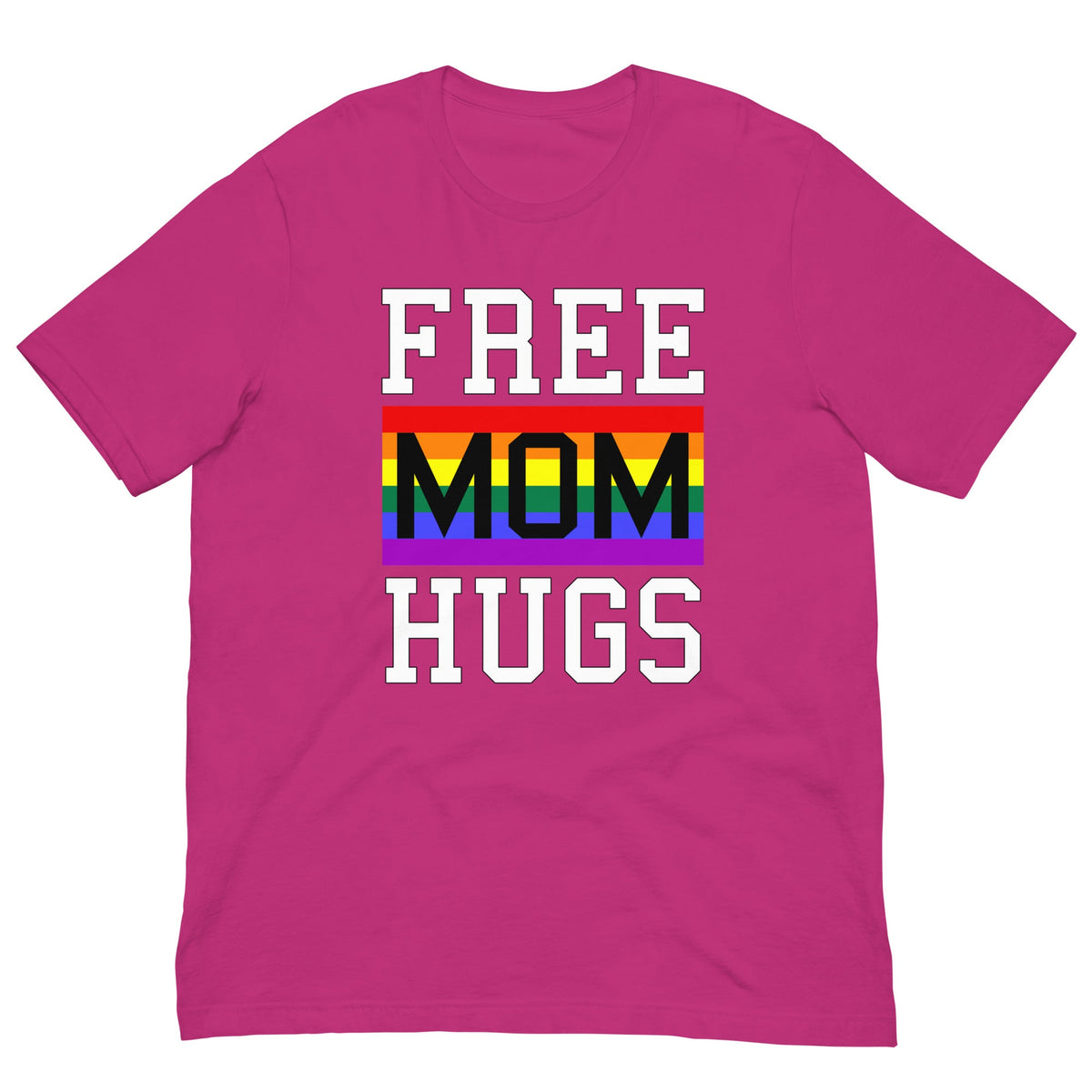 Pink t-shirt with 'FREE MOM HUGS' rainbow pride graphic