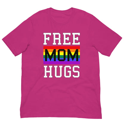 Pink t-shirt with 'FREE MOM HUGS' rainbow pride graphic
