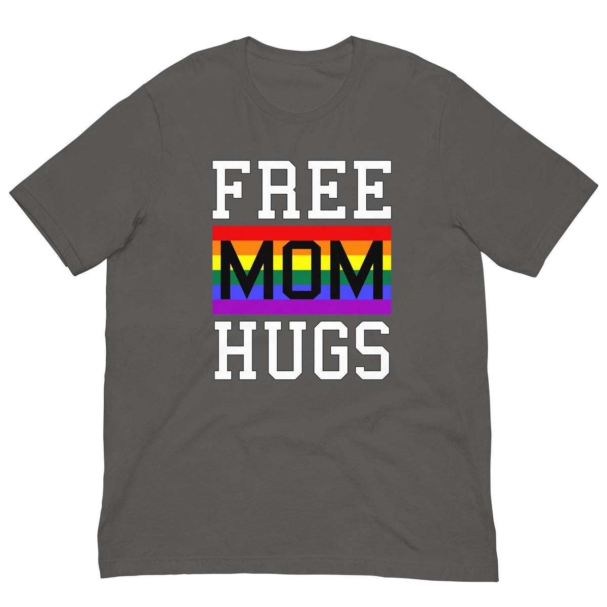 Dark gray t-shirt with 'FREE MOM HUGS' rainbow pride graphic