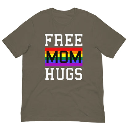 Olive brown t-shirt with 'FREE MOM HUGS' rainbow pride graphic