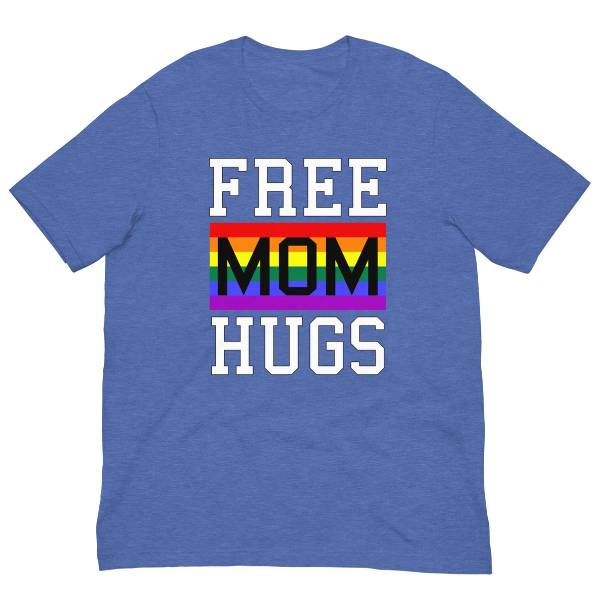 Blue t-shirt with 'FREE MOM HUGS' rainbow pride graphic