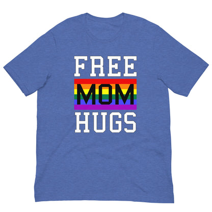 Blue t-shirt with 'FREE MOM HUGS' rainbow pride graphic
