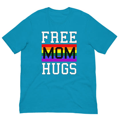 Teal t-shirt with 'FREE MOM HUGS' rainbow pride graphic