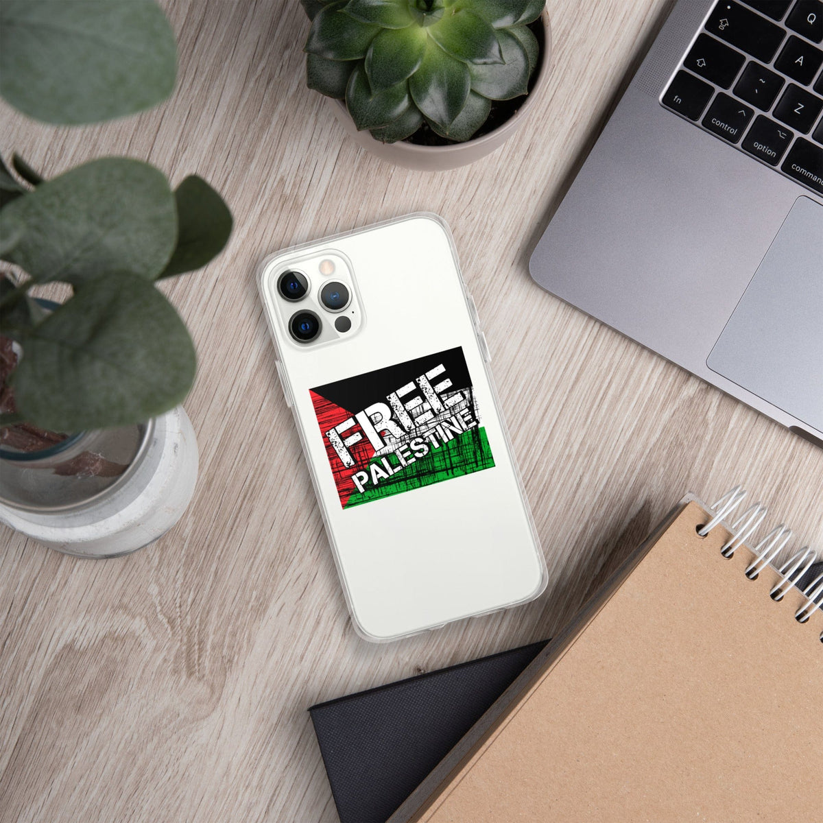 Clear iPhone case, angled rear view with Free Palestine graphic on transparent back