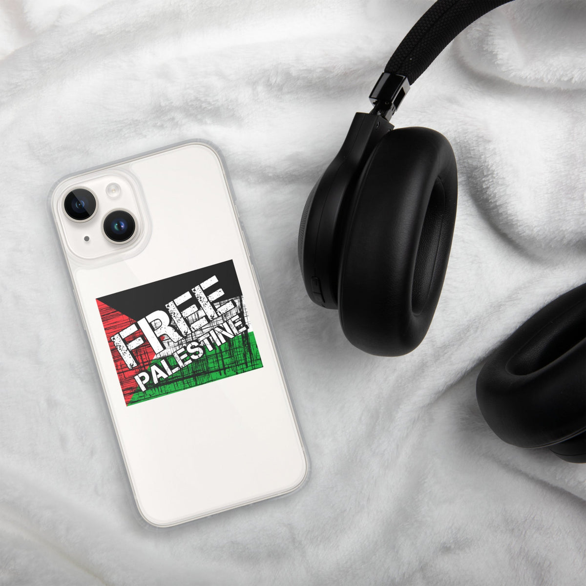Clear iPhone case with Free Palestine graphic, angled back view