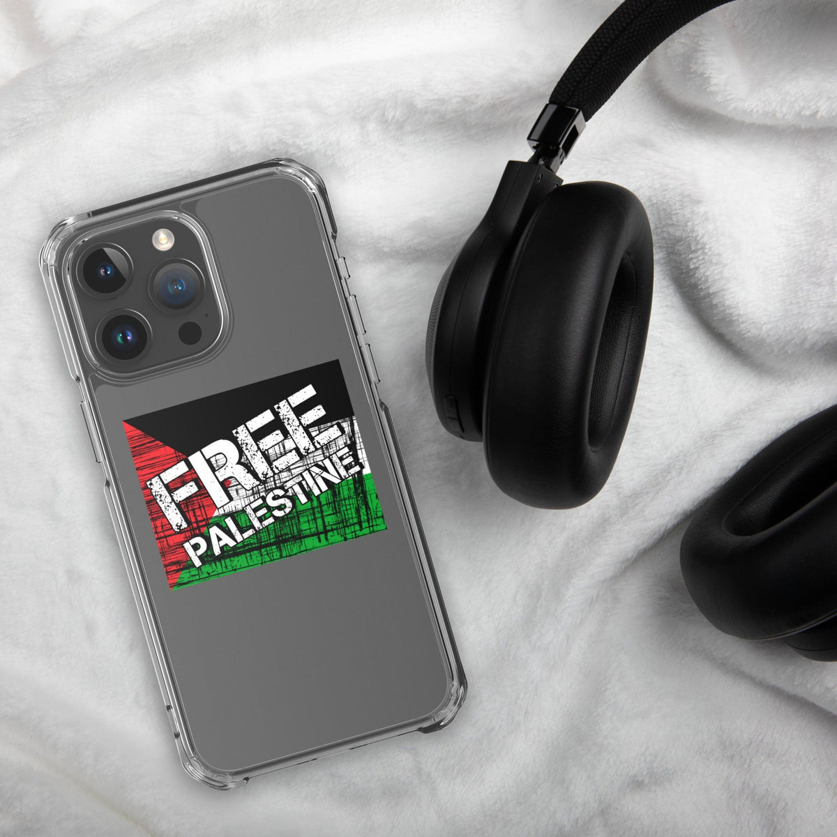 Clear iPhone case with Free Palestine graphic, raised phone edges