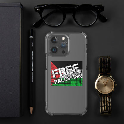 Clear iPhone case with Free Palestine graphic, slim profile