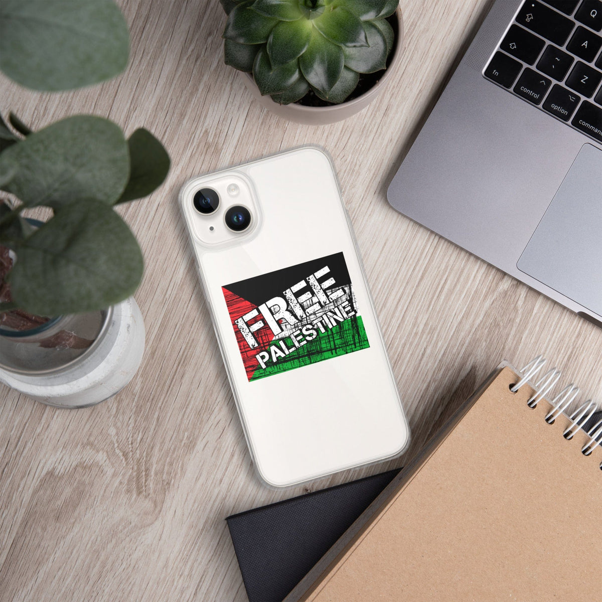 Clear iPhone case with “Free Palestine” graphic on white back