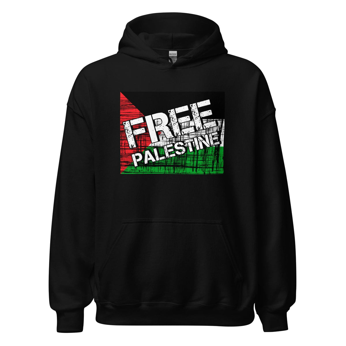 Black unisex hoodie with kangaroo pocket and FREE PALESTINE graphic on chest