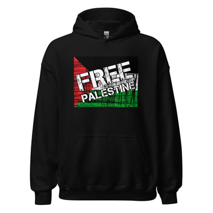 Black unisex hoodie with kangaroo pocket and FREE PALESTINE graphic on chest