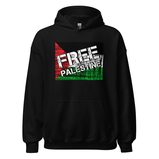 Black unisex hoodie with kangaroo pocket and FREE PALESTINE graphic on chest