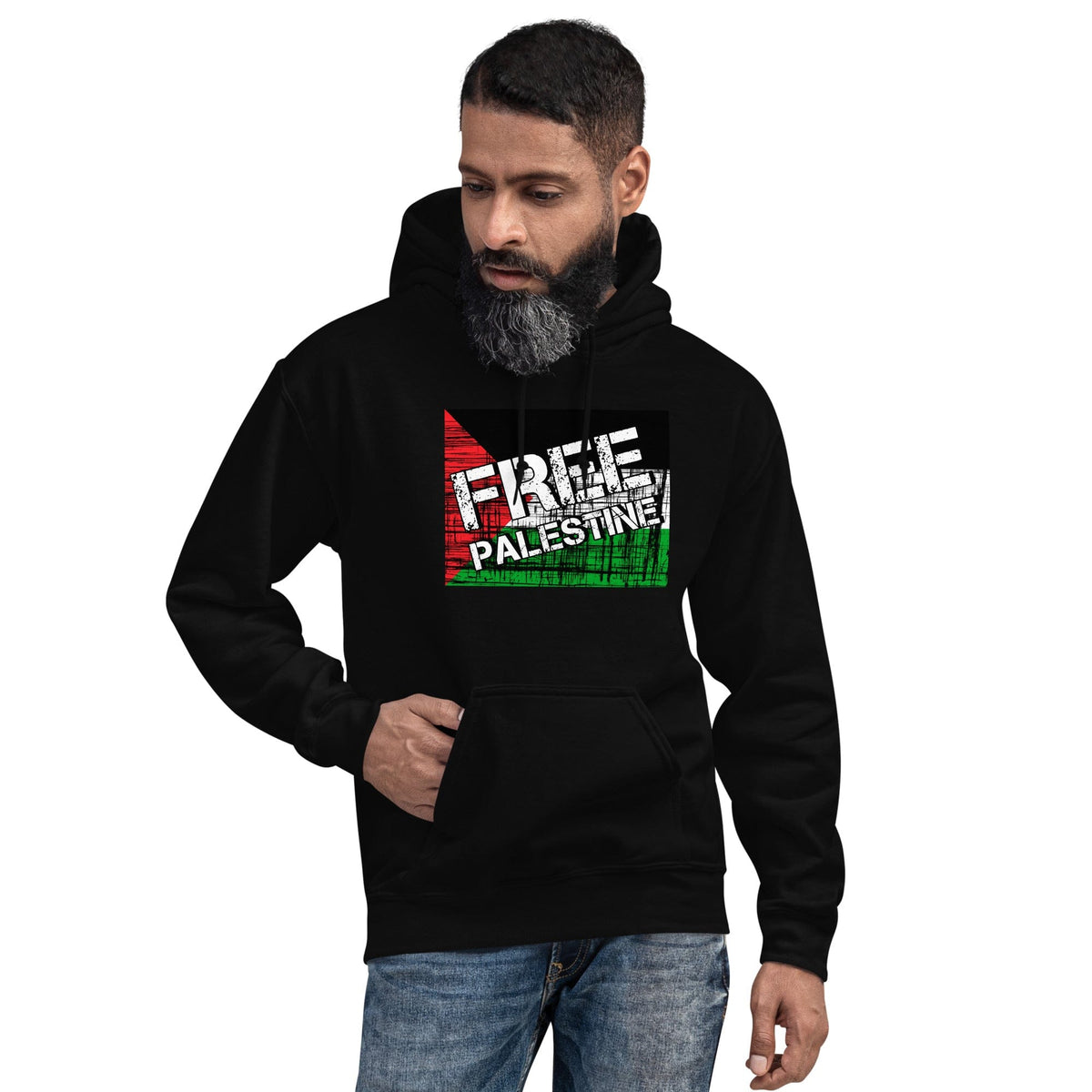 Navy unisex hoodie with kangaroo pocket and FREE PALESTINE graphic on front
