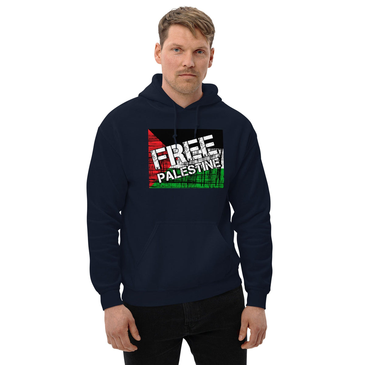 Dark navy unisex hoodie with pouch pocket and FREE PALESTINE graphic on chest