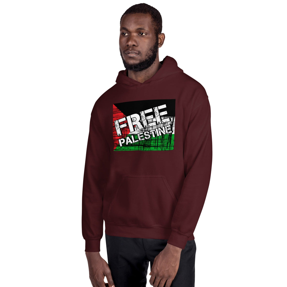 Maroon unisex hoodie with kangaroo pocket and FREE PALESTINE graphic on front