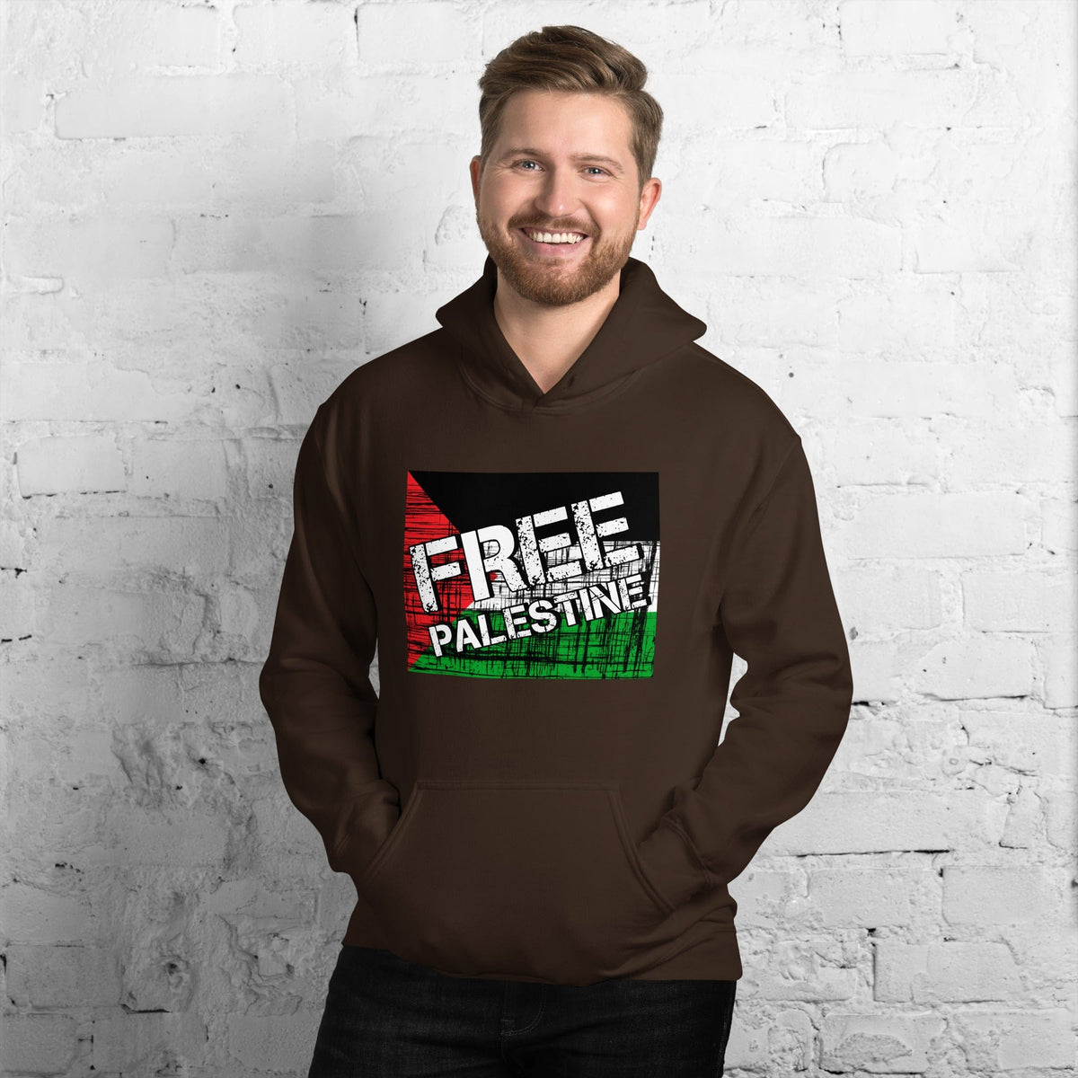 Dark brown unisex hoodie with kangaroo pocket and FREE PALESTINE graphic on chest
