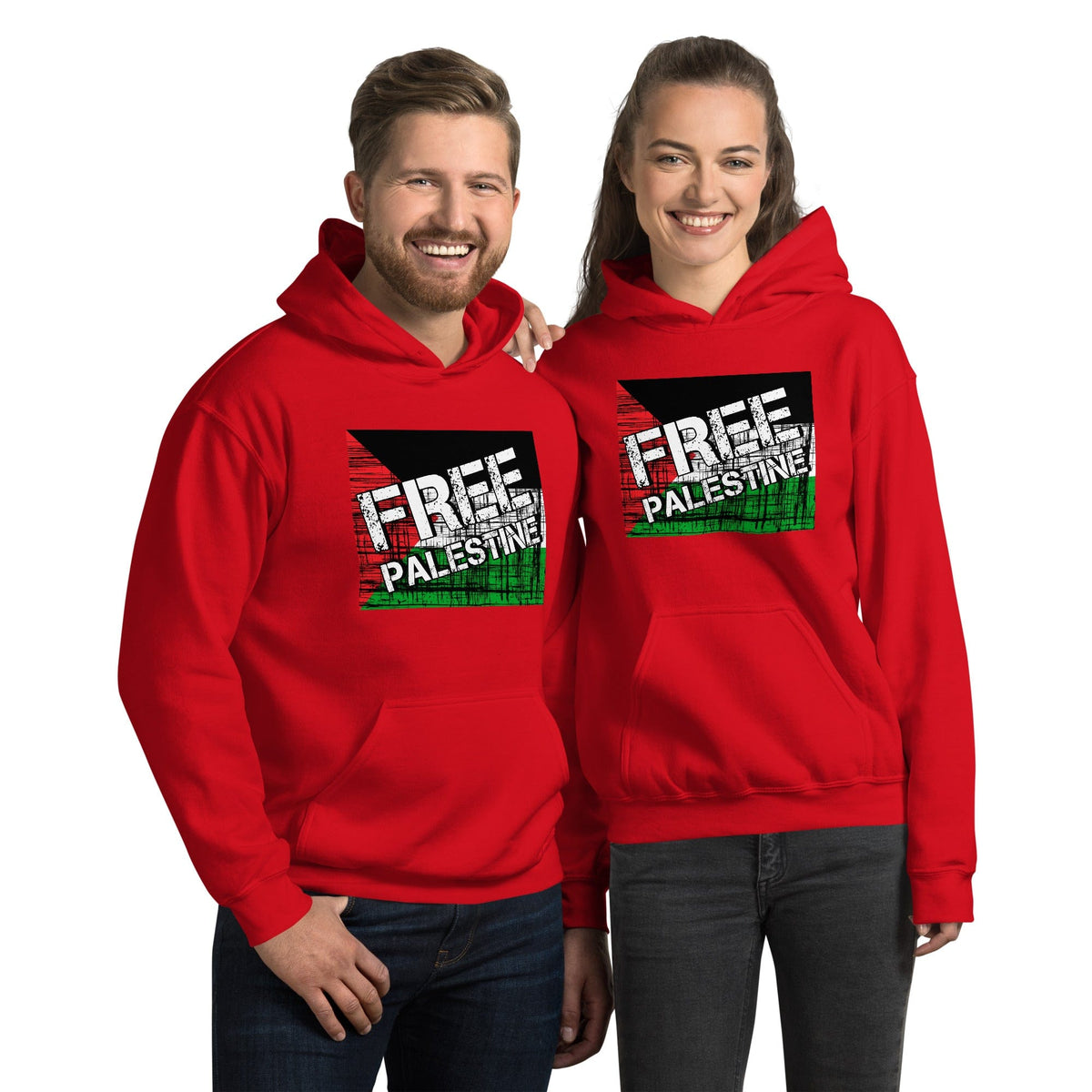Red unisex hoodie with kangaroo pocket and FREE PALESTINE graphic on chest