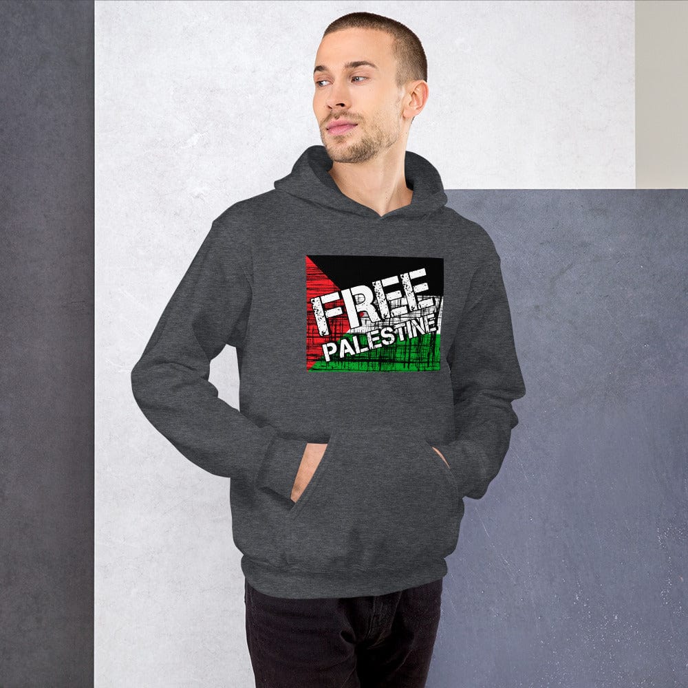 Dark heather unisex hoodie with kangaroo pocket and FREE PALESTINE graphic on front