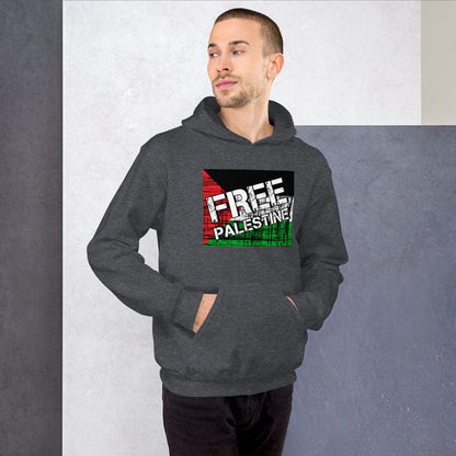 Dark heather unisex hoodie with kangaroo pocket and FREE PALESTINE graphic on front