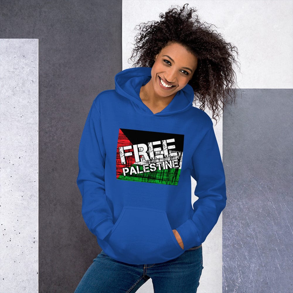 Bright blue unisex hoodie with front pouch pocket and FREE PALESTINE graphic