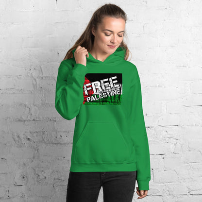 Irish green unisex hoodie with kangaroo pocket and FREE PALESTINE graphic on front