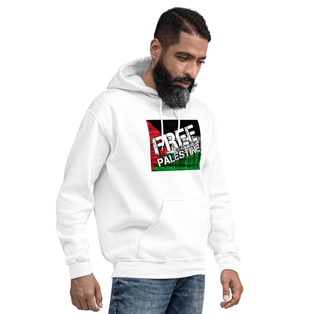 White unisex hoodie with 'FREE PALESTINE' front graphic and kangaroo pocket.