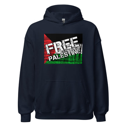 Navy unisex hoodie with large 'FREE PALESTINE' front graphic and kangaroo pocket.