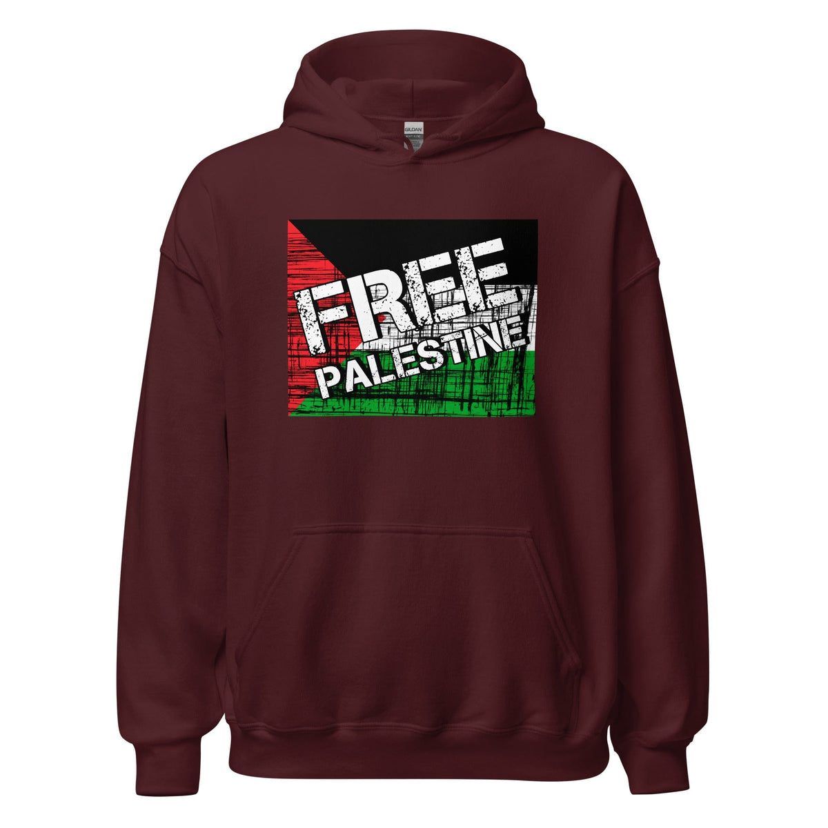 Maroon unisex hoodie with large 'FREE PALESTINE' front graphic and kangaroo pocket.