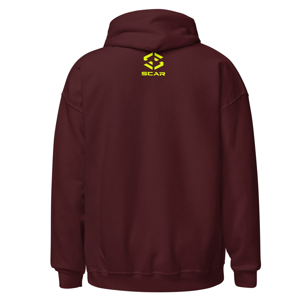 Maroon unisex hoodie, back view with small SCAR logo above hem.