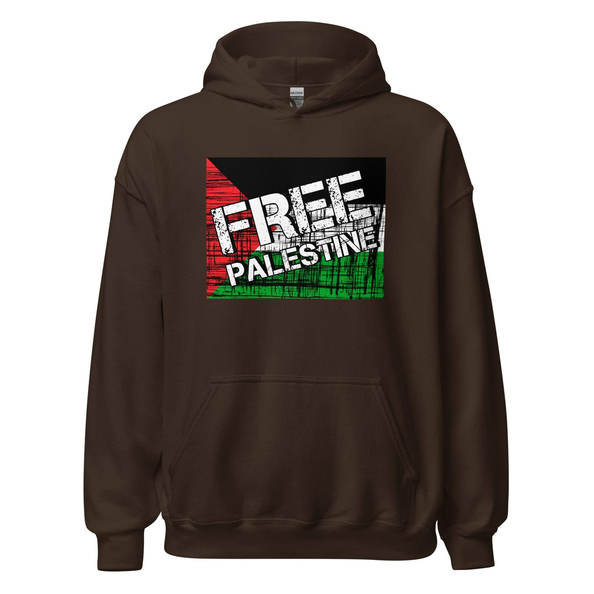Dark chocolate unisex hoodie with large 'FREE PALESTINE' front graphic and kangaroo pocket.