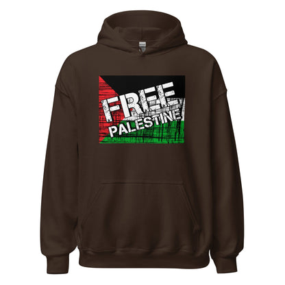 Dark chocolate unisex hoodie with large 'FREE PALESTINE' front graphic and kangaroo pocket.