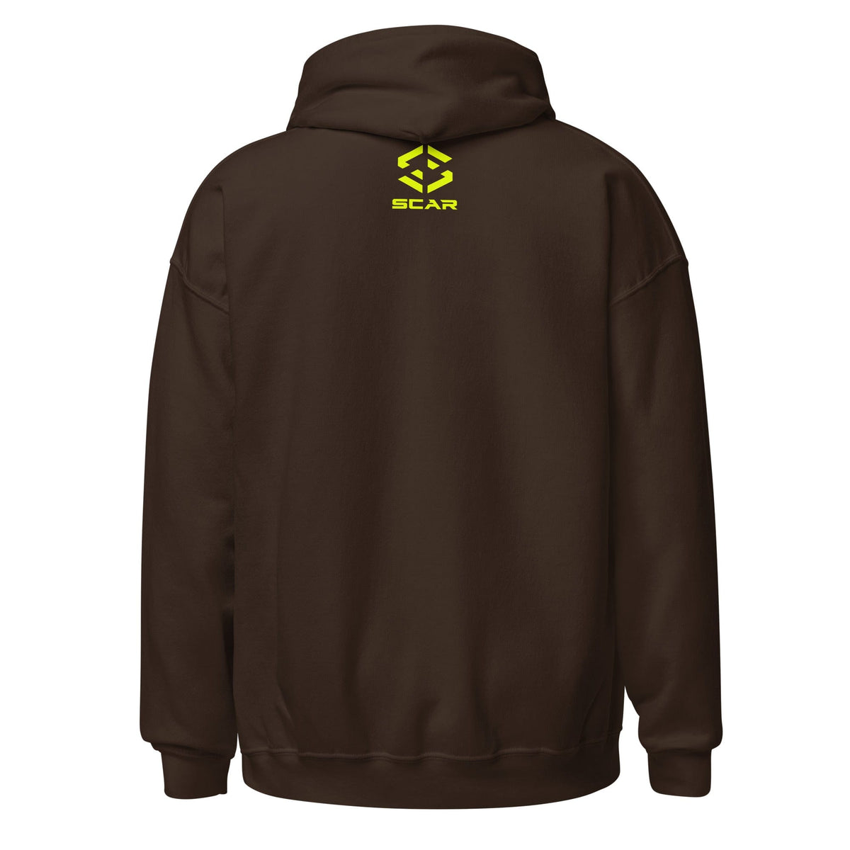 Dark chocolate unisex hoodie, back view with small SCAR logo above hem.