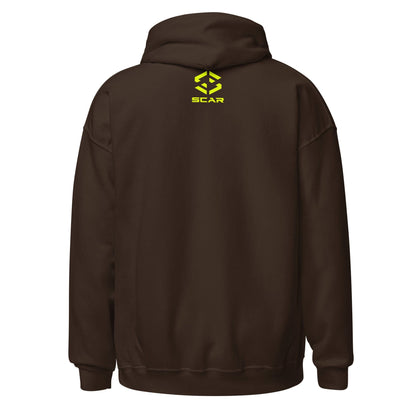 Dark chocolate unisex hoodie, back view with small SCAR logo above hem.