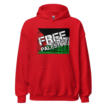 Red unisex hoodie with large 'FREE PALESTINE' front graphic and kangaroo pocket.