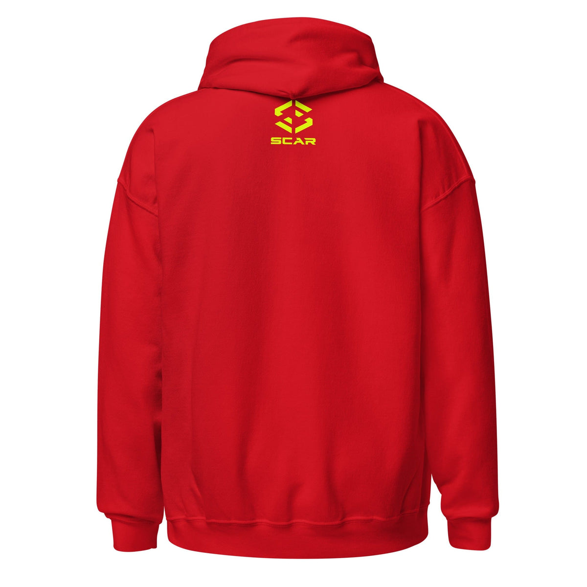 Red unisex hoodie, back view with small SCAR logo above hem.
