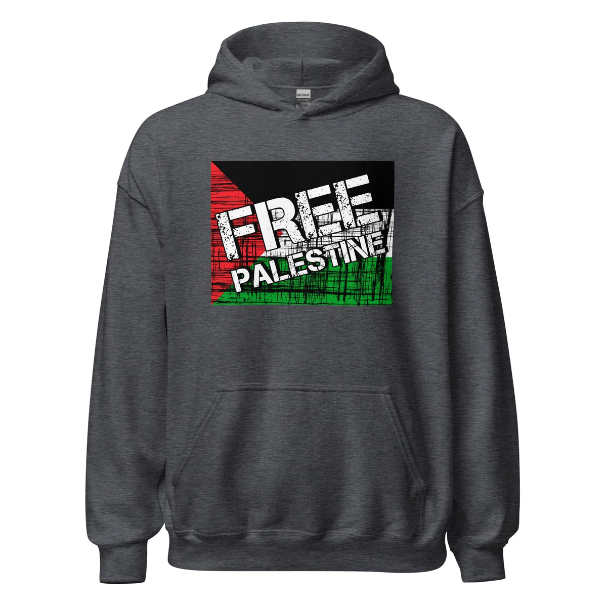 Dark heather unisex hoodie with front graphic print and kangaroo pocket