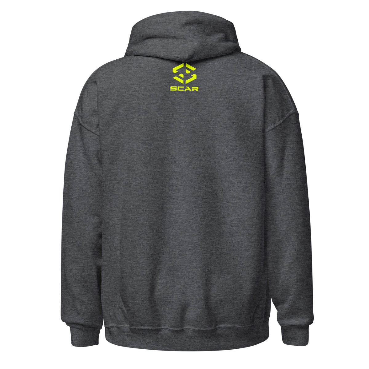 Dark heather unisex hoodie back with small SCAR logo