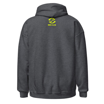 Dark heather unisex hoodie back with small SCAR logo