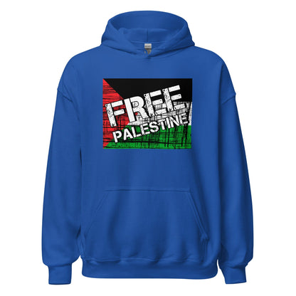 Royal blue unisex hoodie with front FREE PALESTINE graphic and kangaroo pocket